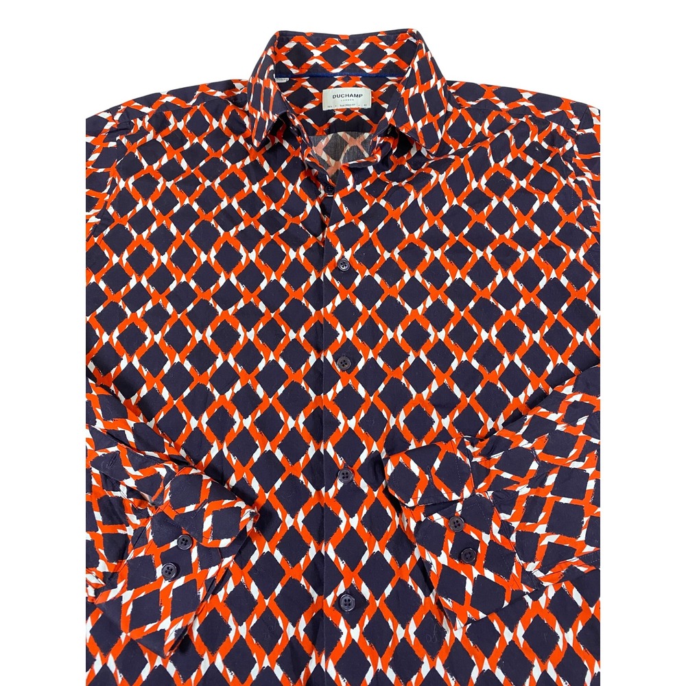 Duchamp London Mens Tailored Fit Bold Geometric Diamond Navy Orange 16.5‎ 42